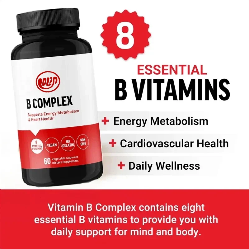 Vitamin B complex supports health, containing vitamins B1, B2, B3, B12, etc., vegetarian, non GMO, 60 capsules of vegetables