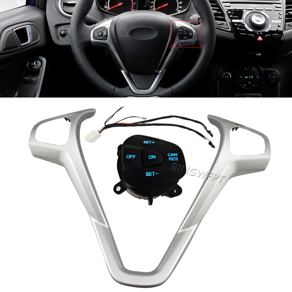 Car Frame Panel Steering Wheel Cover Decorative+Cruise Control Buttons For Ford Fiesta MK7 Ecosport 2013