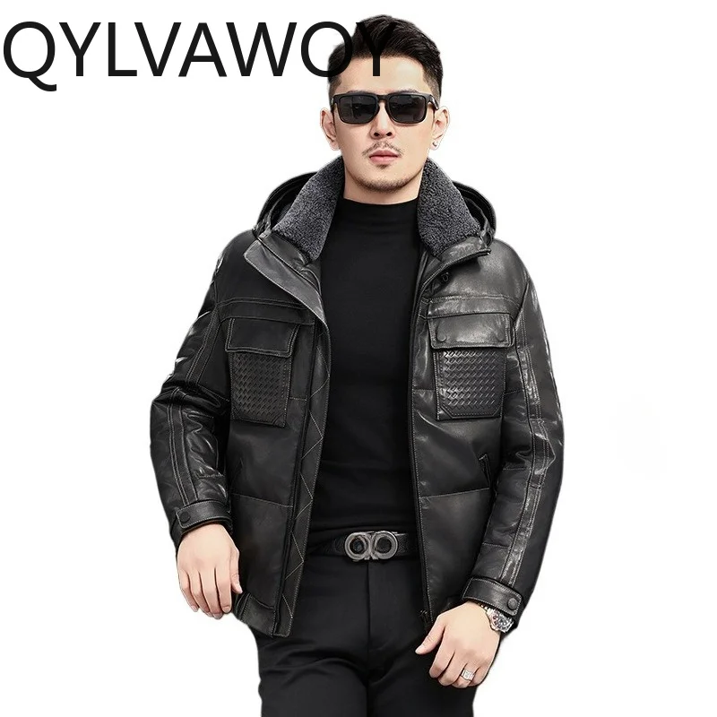 QYLVAWOY Top-grain Sheepskin Real Leather Jacket White Goose Down Leather Coat Hooded Puffer Jackets of Men Thicken Outerwear