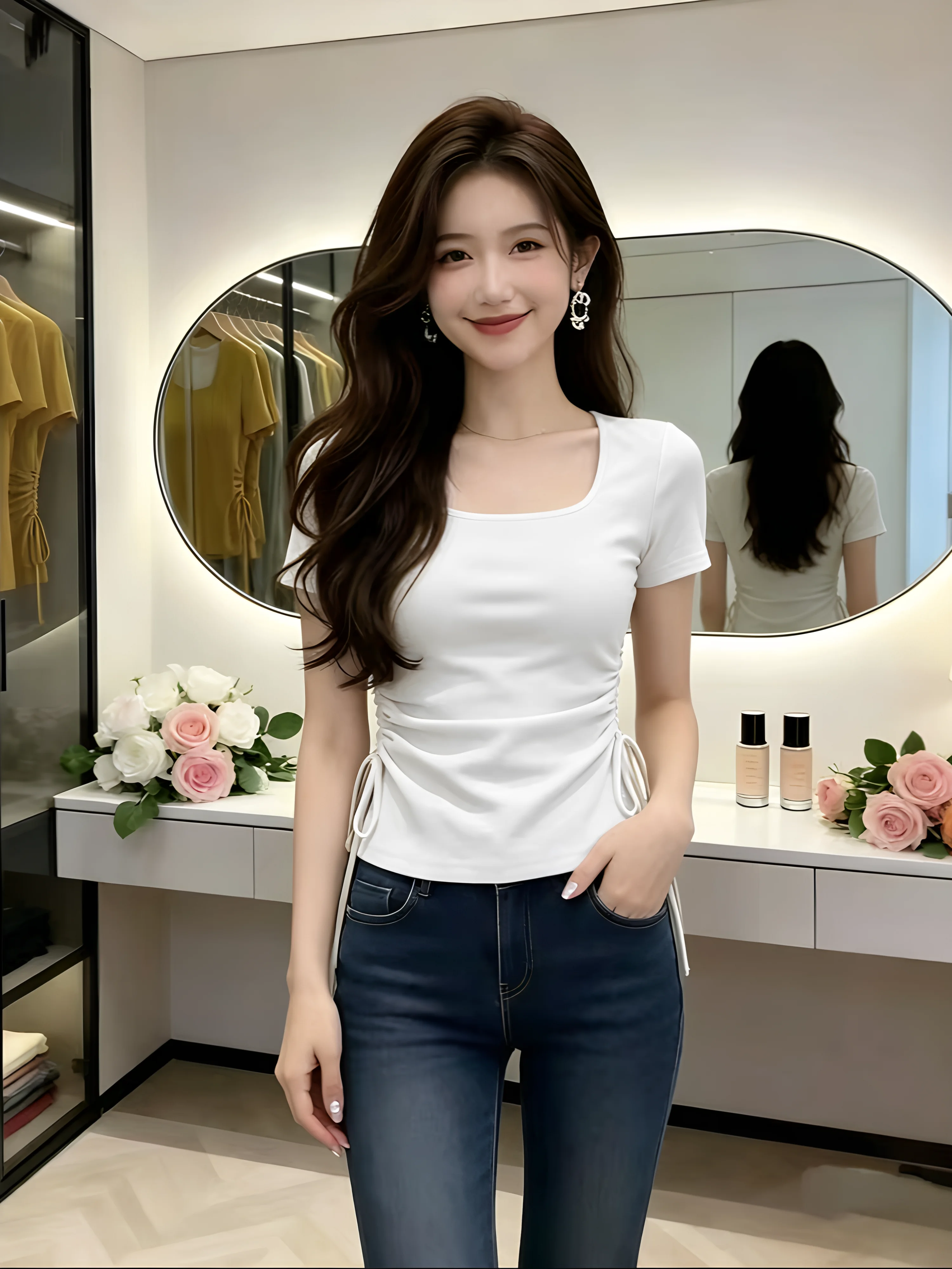 Summer New Women's Short Sleeve T-Shirt 95 Cotton Pumpkin Color Square Collar Slimming Waist Drawstring plus Size Top