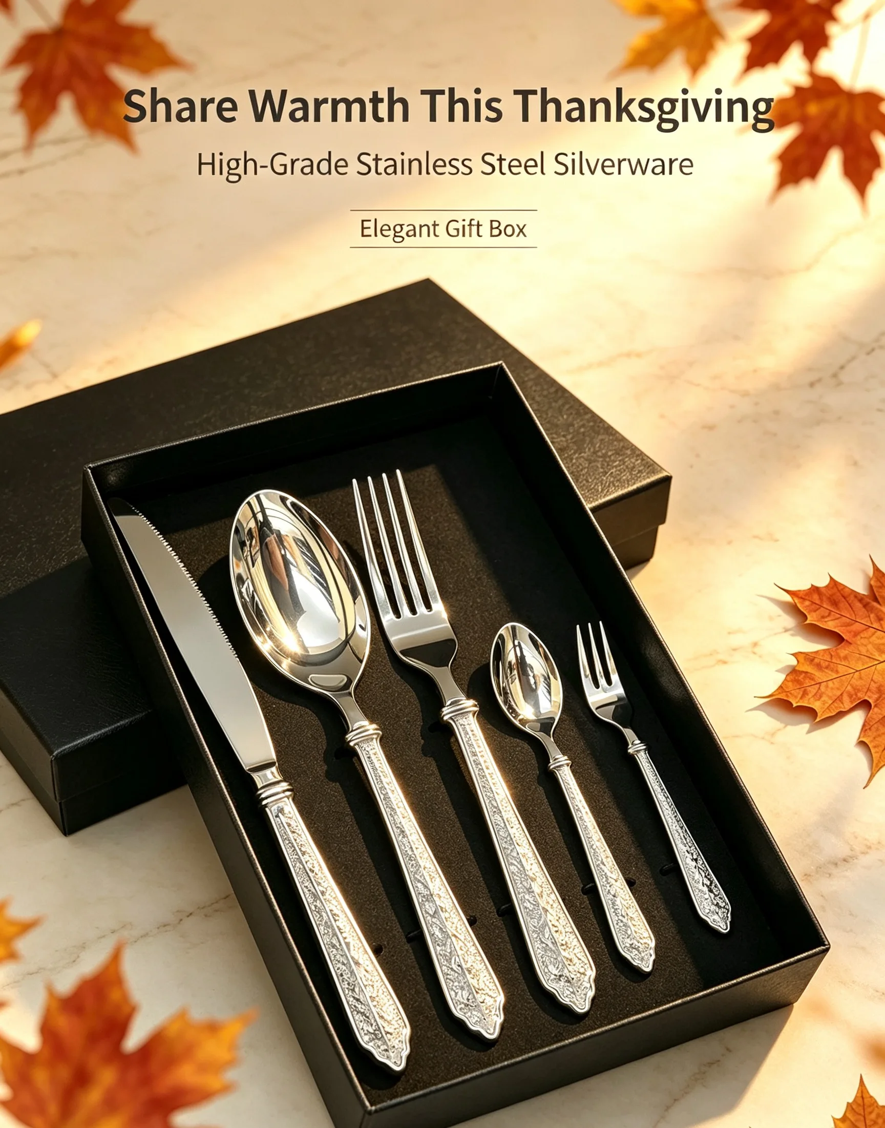 420 Blade 304 Stainless Steel European Classic Handle 5‑Pcs Cutlery Gift Box Thanksgiving Home Wedding Model B