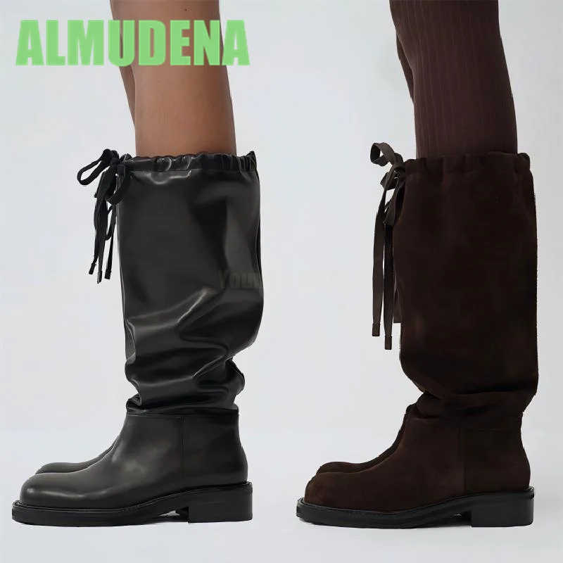 

Drawstring Tied Knight Boots Fashionable and Simple Style Round Toe Sleeve Mid Heeled Boots Black Retro Style Mid Heeled Boots