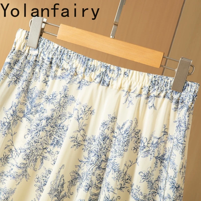 YOLANFAIRY 100% Natural Mulberry Silk Skirts Long Elegant Real Silk Crepe Printed Summer Skirts Woman Large Swing Women Skirt