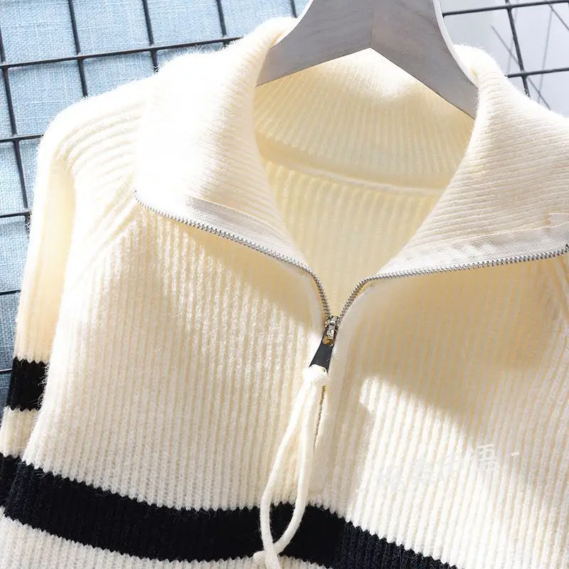 Polo neck zipper stripe pullover sweater for women loose sweater 2023 autumn/winter Japanese knit sweater pullover female top