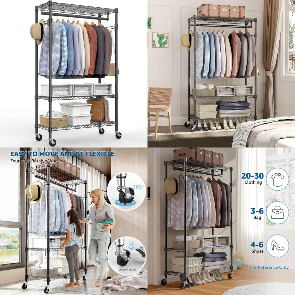 

Adjustable 3-Tier Heavy Duty Rolling Garment Rack with Hanging Rod and Side Hooks for Storage and Closet Organization