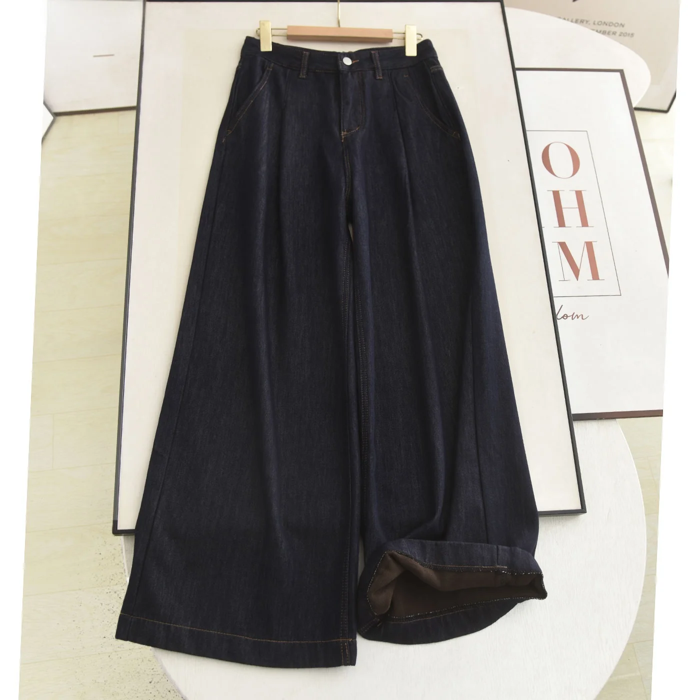 

High Waist Loose Fit Thiened Deep Blue Denim Wide Leg Pants Casual Sle Winter New Arrival Ladies Jeans