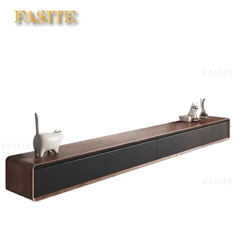 For All Solid Wood Wall Mounted TV Cabinet Ultra Thin Narrow Floating Media Console Storage Shelf for Small Apartment Bedroom