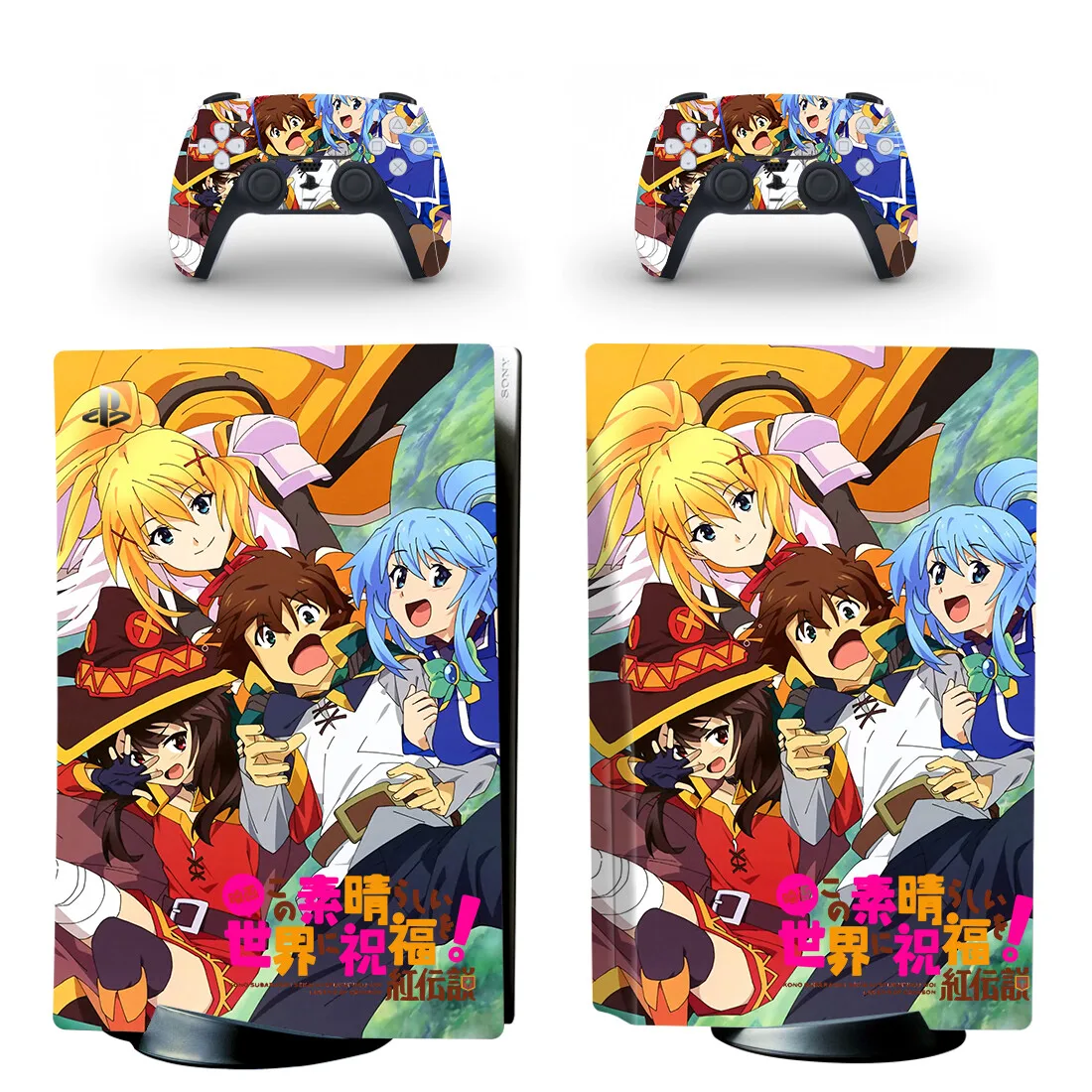 adesivo-de-vinil-para-console-e-2-controles-ps5-tema-anime-konosuba-edicao-com-disco