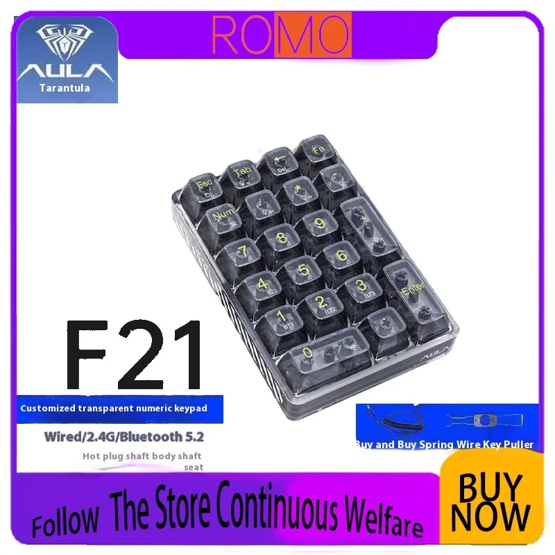 Aula F21 Numeric Keypad Wireless Bluetooth 21keys 3 Mode Transparent Numeric Mechanical Keyboard Gaming Rgb Backlight Number Pad