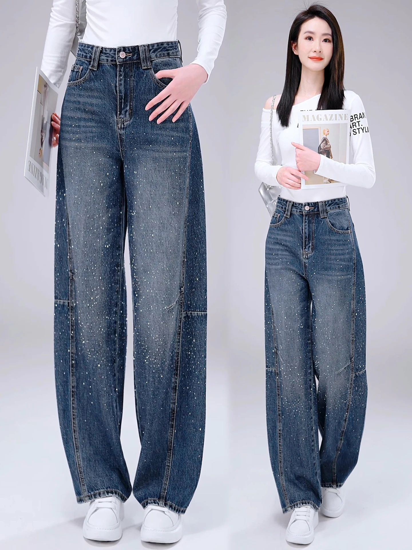 

Trendy High Waist Glitter Denim Jeans Women's Spring Autumn 2026 New Style Slimming Wide Leg Knife Pants
