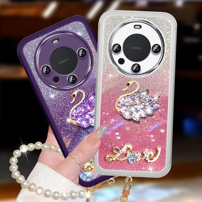 Luxury Diamond Swan Case Mate60,Cover For Huawei Mate 60 Pro Plus 20 Nova Y61 Y 70 90 91 Pearl Bracelet Glitter Case Mate60 pro+