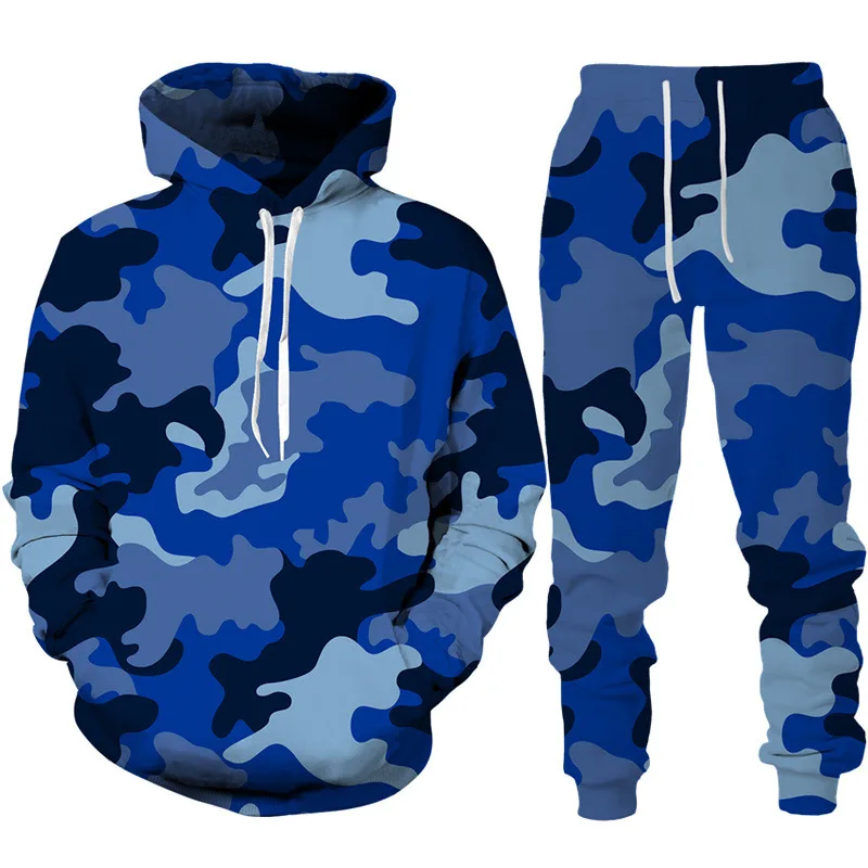 Men\'s Camouflage Hoodie Pant Suit 3D Print Hooded Sweatshirt Casual Outdoor Tracksuit Outfits Oversized Men\'s Clothing 2pcs Sets