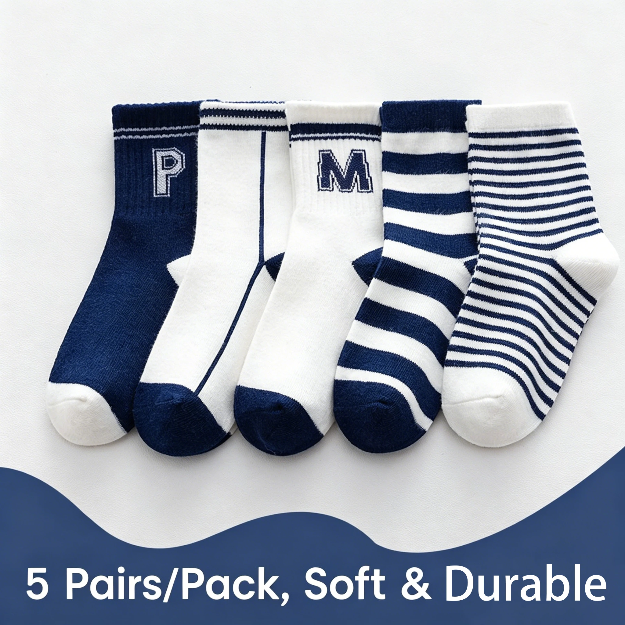 5 Pairs Kids Crew Socks, Navy Blue Letter Striped Children Socks, Soft Breathable Casual Sports Mid‑Calf Socks for Boys Girls, D