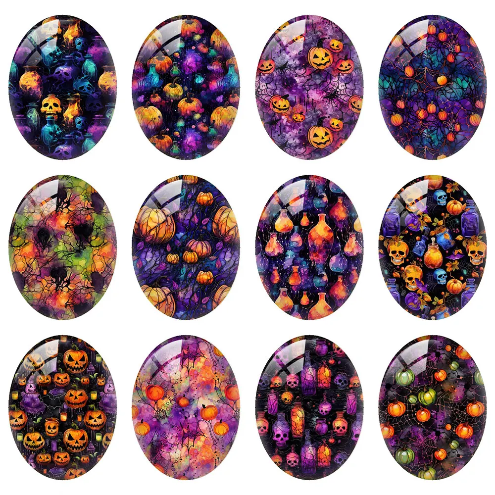 10pcs/lot Halloween Gothic Horror Skull Pumpkin Oval Photo Glass Cabochon Charm Flatback Demo Flat Back Cameo Diy Jewelry Making