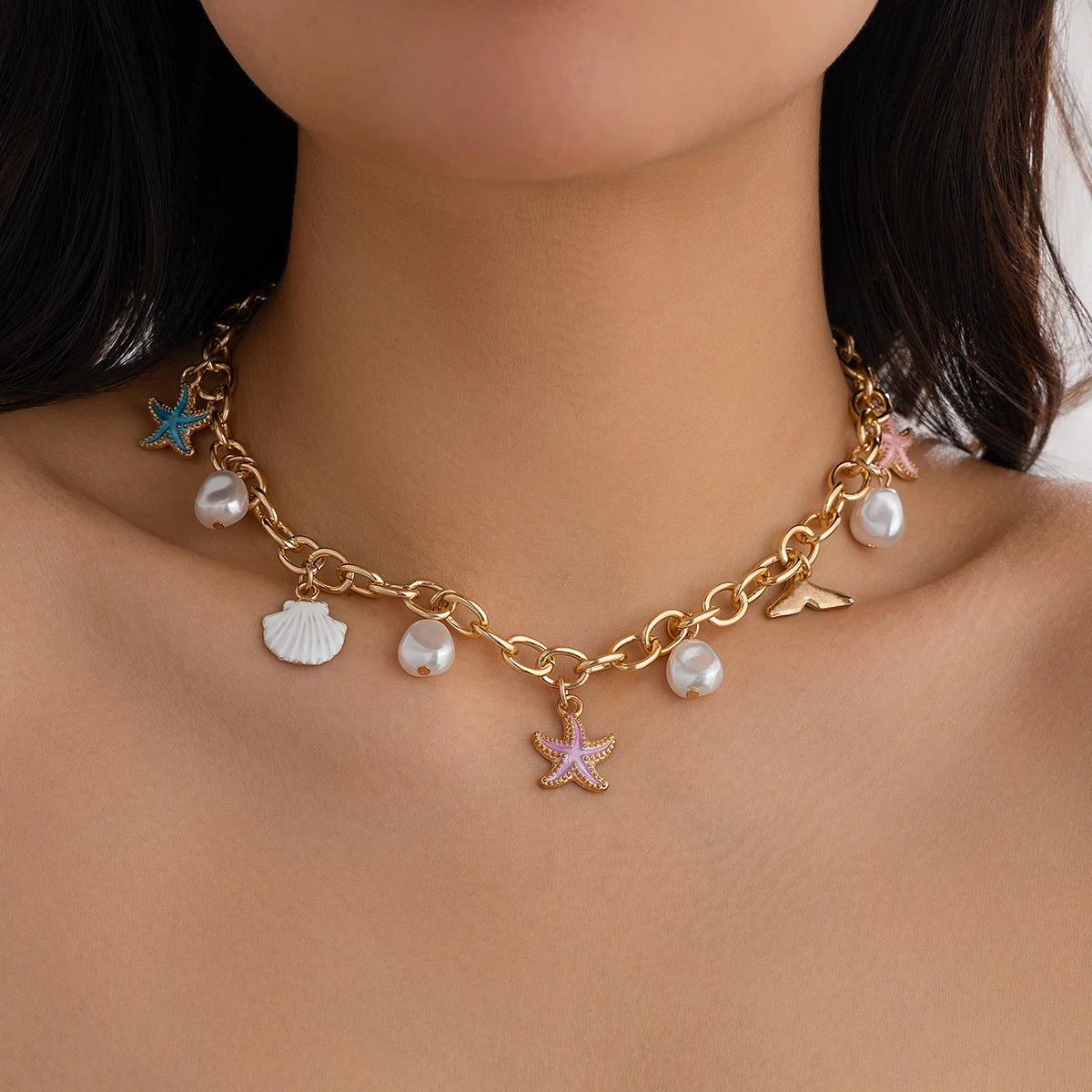 Salircon Fashion Starfish Scallop Pearl Imitation Pearl Choker Necklace for Women Summer Beach Clavicle Chain Necklace Jewelry