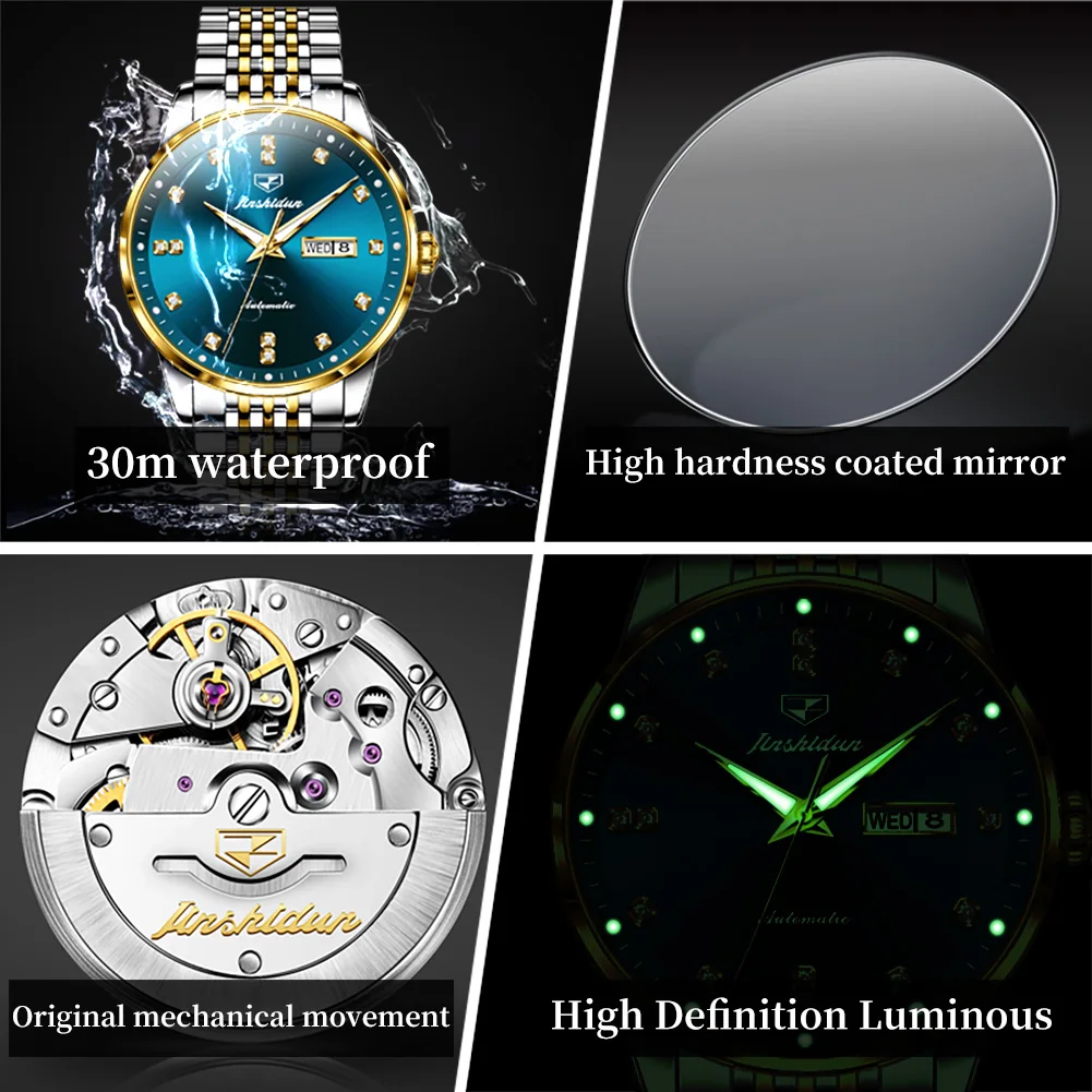 JSDUN 8960 Men\'s Watch Luxury Diamond Automatic Mechanical Watch Waterproof Stainless Steel Watch Fashionable Business Men Watch