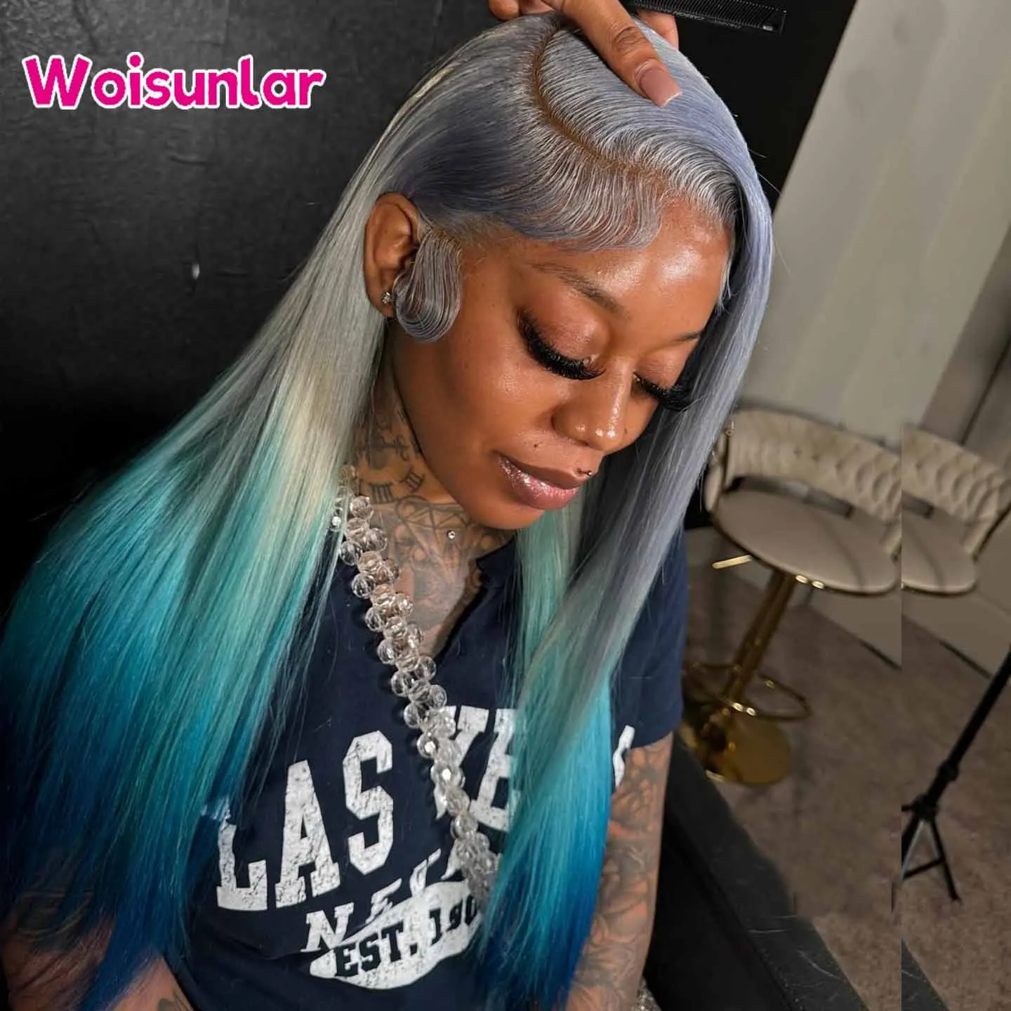 613 Ombre Silver and Blue Straight 13x6 Lace Frontal Human Hair Peruki dla czarnych kobiet Ludzkie włosy 4x4 Lace Closure peruka 36 32 cale