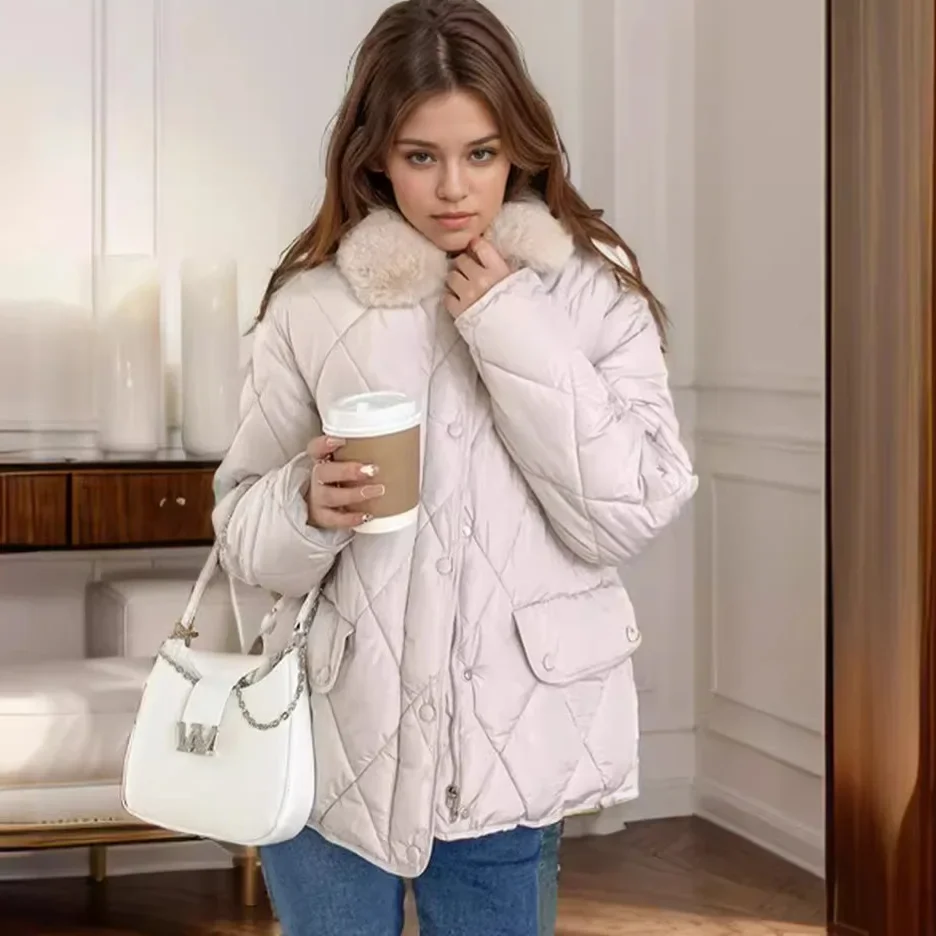 Damska kurtka zimowa 2025, krótka kurtka z jagnięcej wełny, odporna na zimno, kontrastowe kolory, klapa, codzienna kurtka bawełniana, damskie parki, płaszcz.