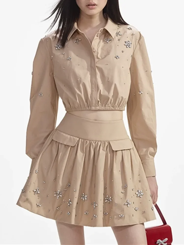 

Women Rhinestone Decoration Dress Turn-Down Collar Single Breasted Long Sleeve Shirt or Pleated Elastic Waist A-Line Mini Skirt