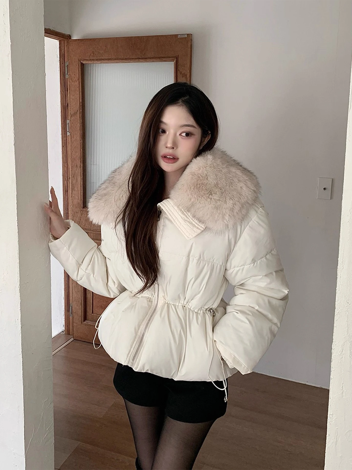 

Trendy Fur Collar Cotton Jaet Women's Winter New Sle Dstring Waist Warm Cotton Coat Korean Sle Slim Fit Long Sve