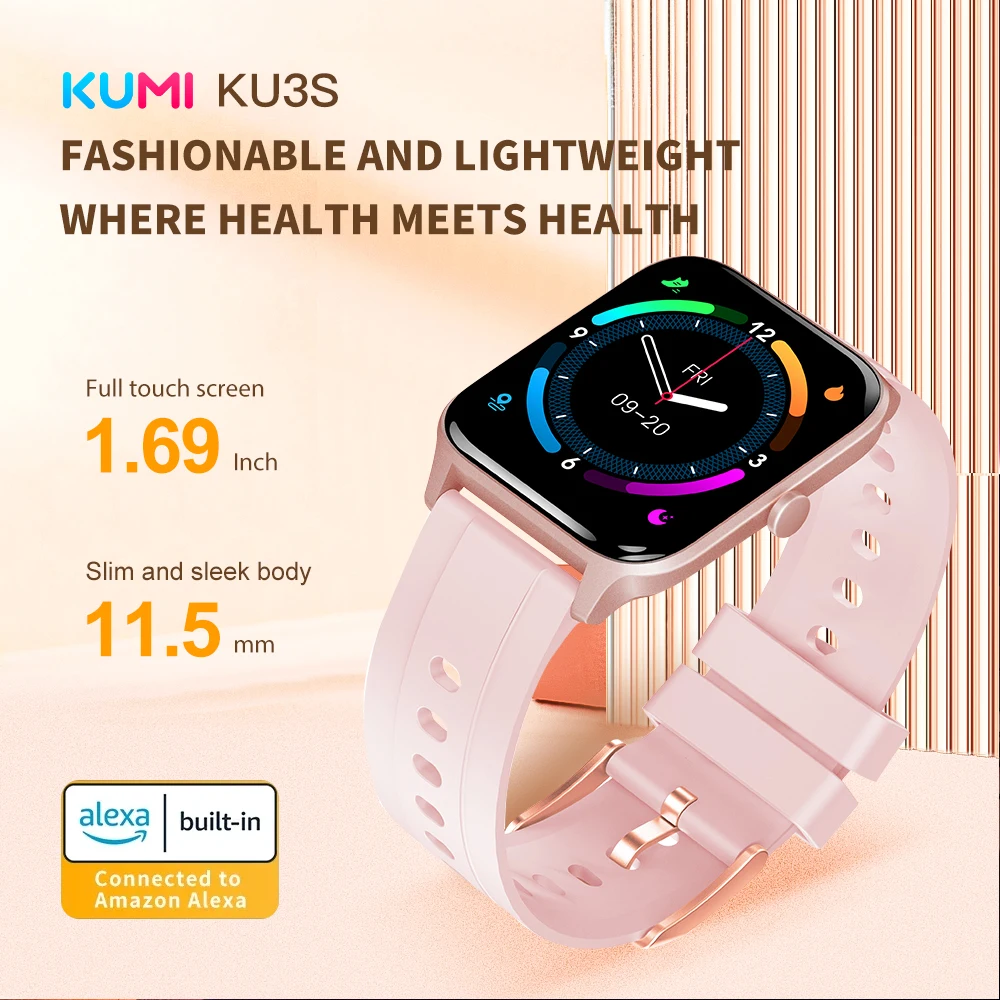 KUMI KU3S Alexa Smart Watch Tuya Call Sport Fitness Heart Rate Blood Pressure Sleep Monitor IP68 Waterproof Women Smartwatch