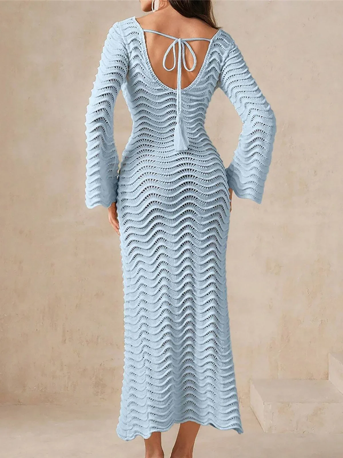 Long Sleeve Backless Wrinkled Crochet Knitted Tunic Beach Cover Up Cover-ups Beach Dress Beach Wear Beachwear Female Women K6360