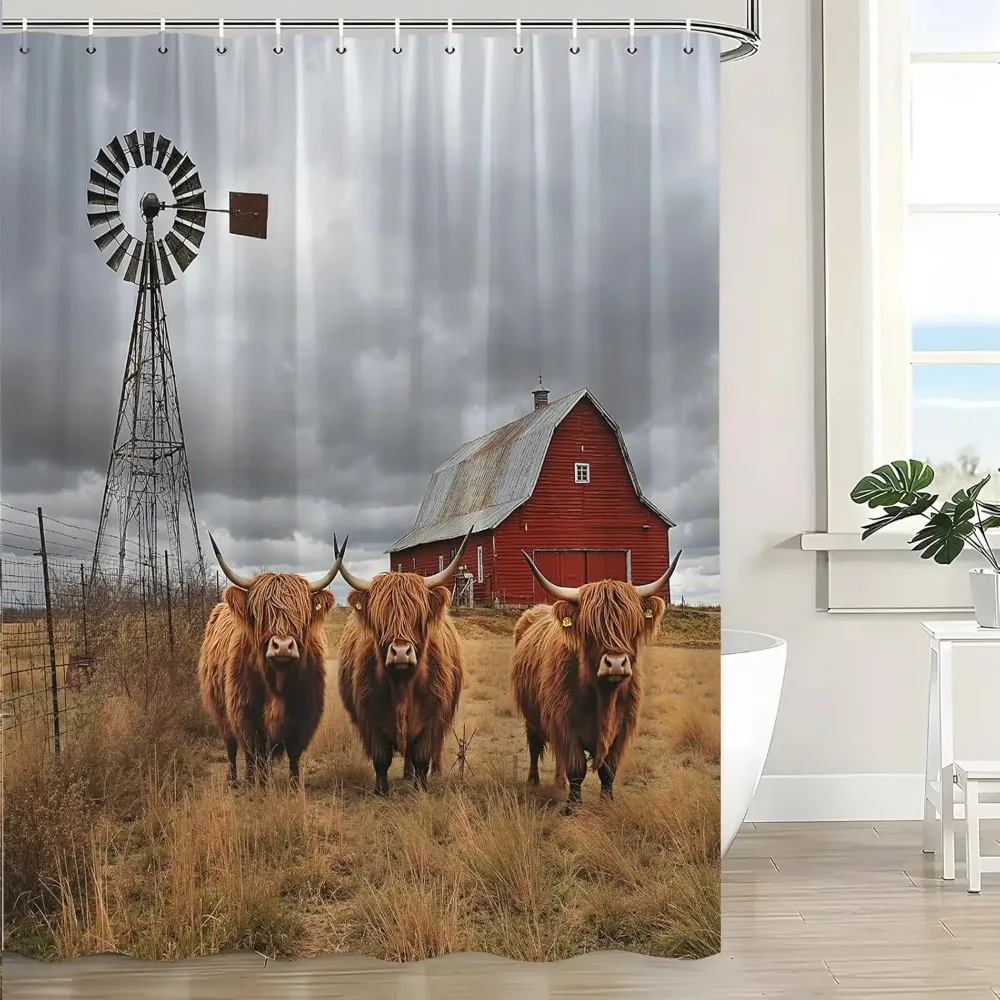 Farmhouse Highland Cow Shower Curtain, Rustic Animals Cattle Bull Western Red Barn Door Windmill Cabin Country Bathroom Decor