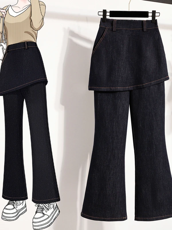 

Джинсы с высокой талией и расклешенными штанинами для женщин больших размеров, повседневные, облегающие, из денима, с дизайном, напоминающим юбку, из смесового хлопка, весна-лето