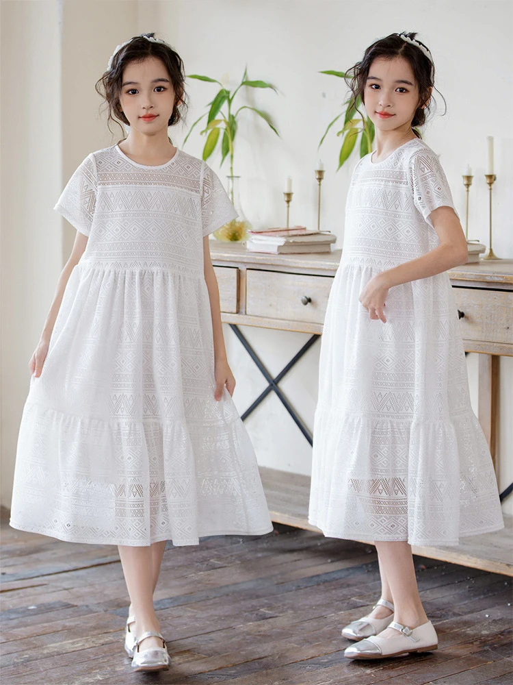 Girls' Summer Lace Dress2026New style hollow-out skirt for older children, elegant mid-length skirt for girls