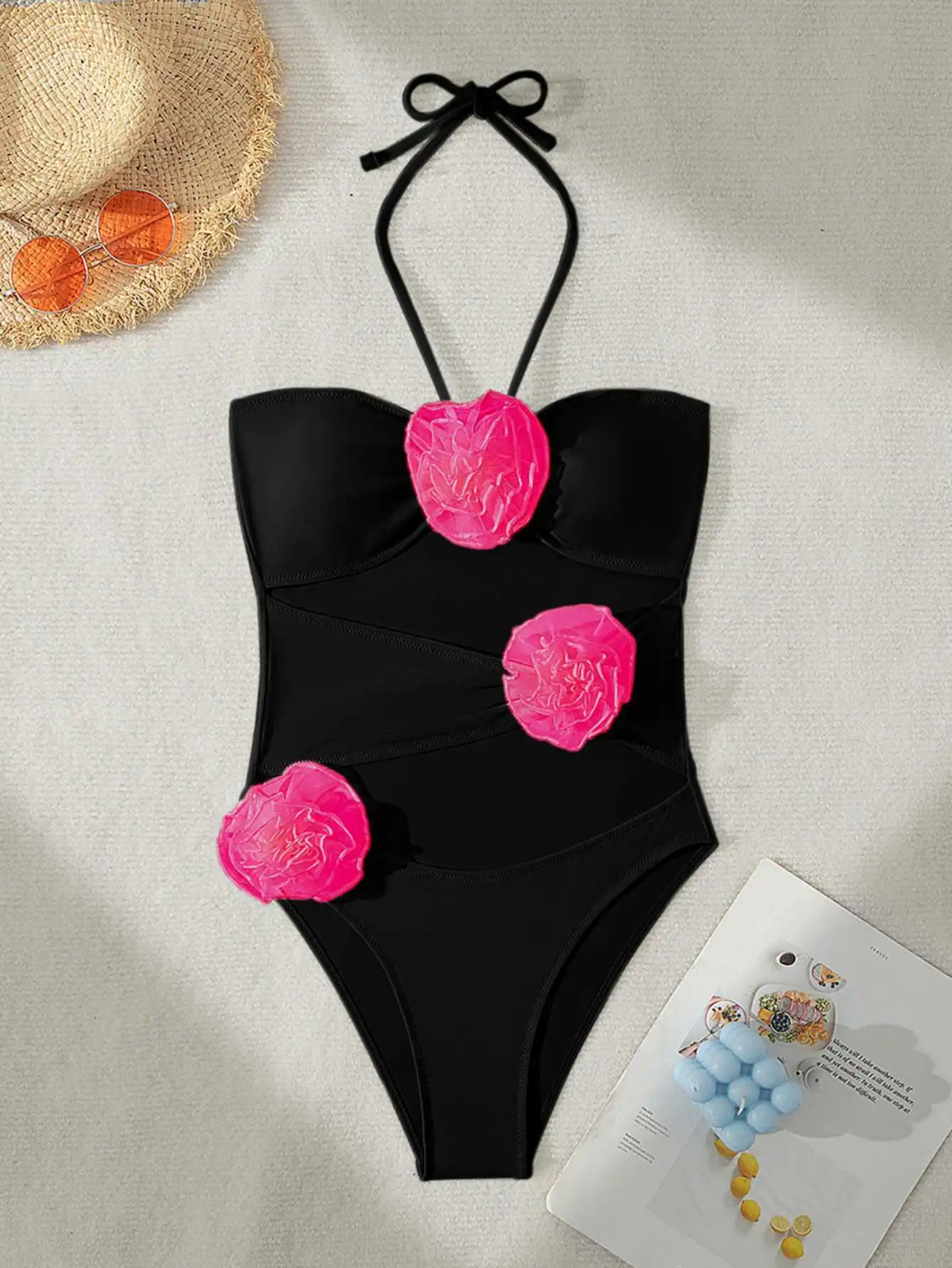 New Fashion Women's Vneck One-piece Swimwear Solid Flower Design Swimming Wear Lady Halter Hollow Out Beachwear Swimsuit