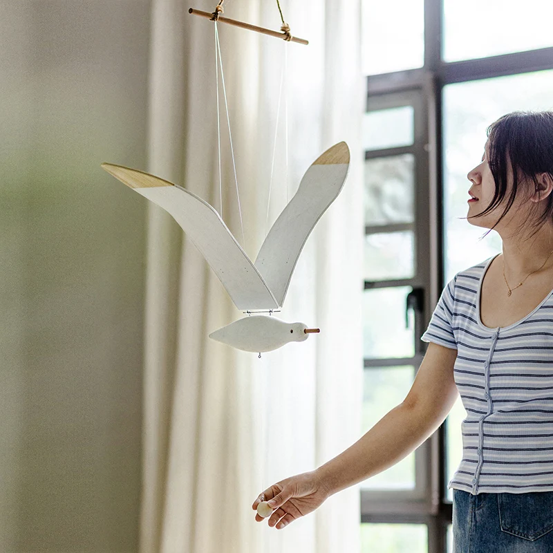 Wooden Seagull Hanging Decor for Living Room Creative Suspension Art for Balcony Kids Room Wind Chime Handmade Bird Ornament