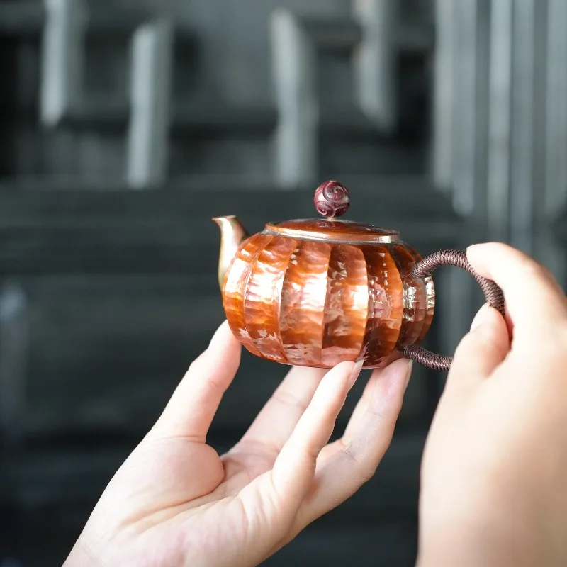 Handmade Pure Red Copper Teapot Pumpkin Meteorite Shape Small Gongfu Tea Kettle Home Traditional Tea Ceremony Utensil