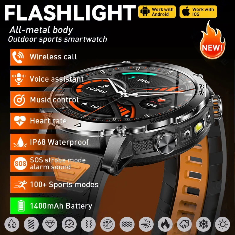 

2026 New 1400mAh Battery Outdoor Sports Smart Watch 1.7 inch AMOLED LED Flashlight IP68 Voice Call Heart Rate Swim Smartwatches