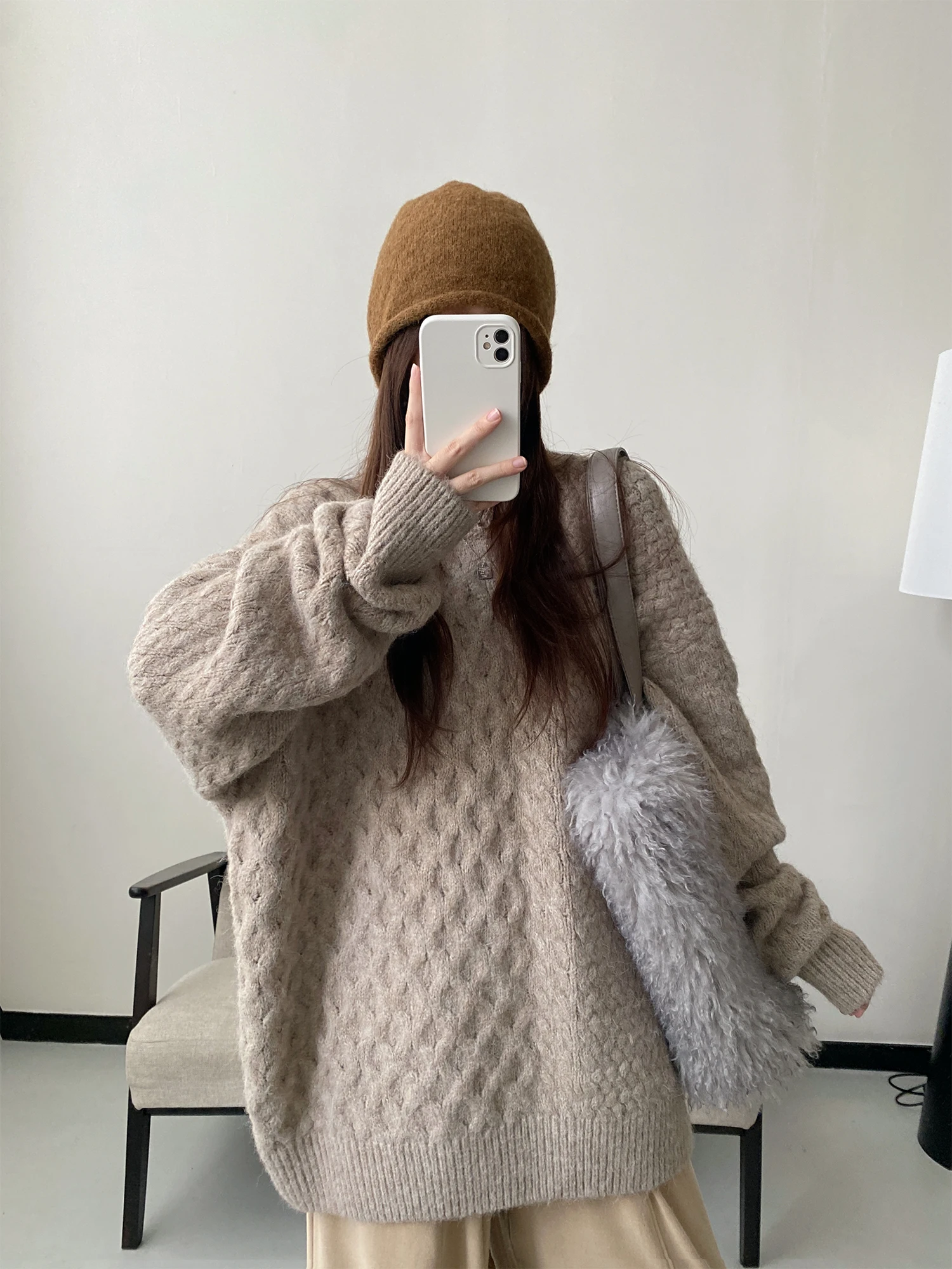 

Ультратеплый вязаный свитер свободного кроя с круглым вырезом, универсальный, в стиле кэжуал, новинка, удобная вязаная одежда для осени и зимы