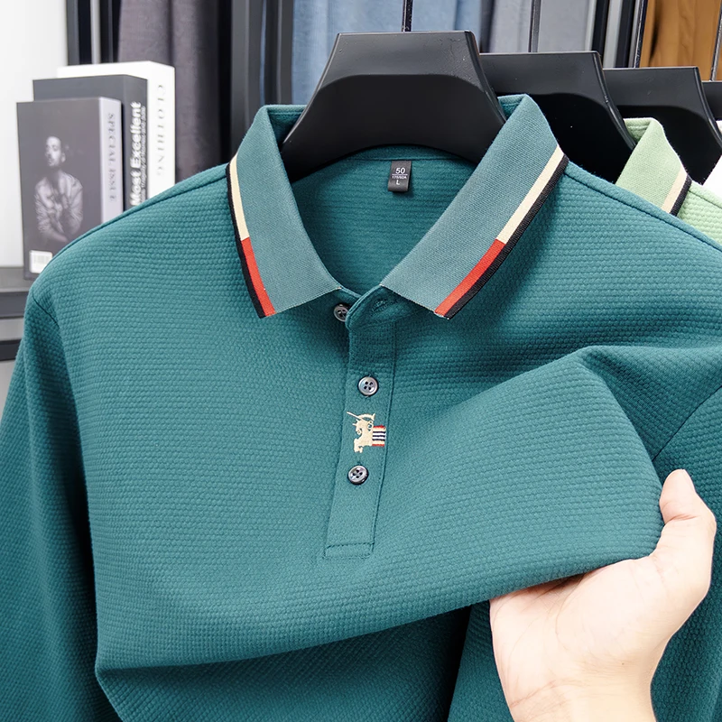 Fashion embroidered long sleeve polo shirt men high-end luxury brand spring autumn comfort business leisure solid color T-shirt