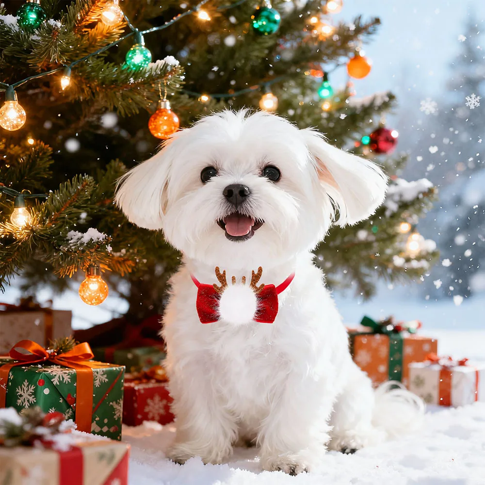 30PCS Fashion Dog Bowties For Christmas Red Plush Antlers Cute Small Dog Cat Bow Tie New Year Dogs Pets Grooming Decoration