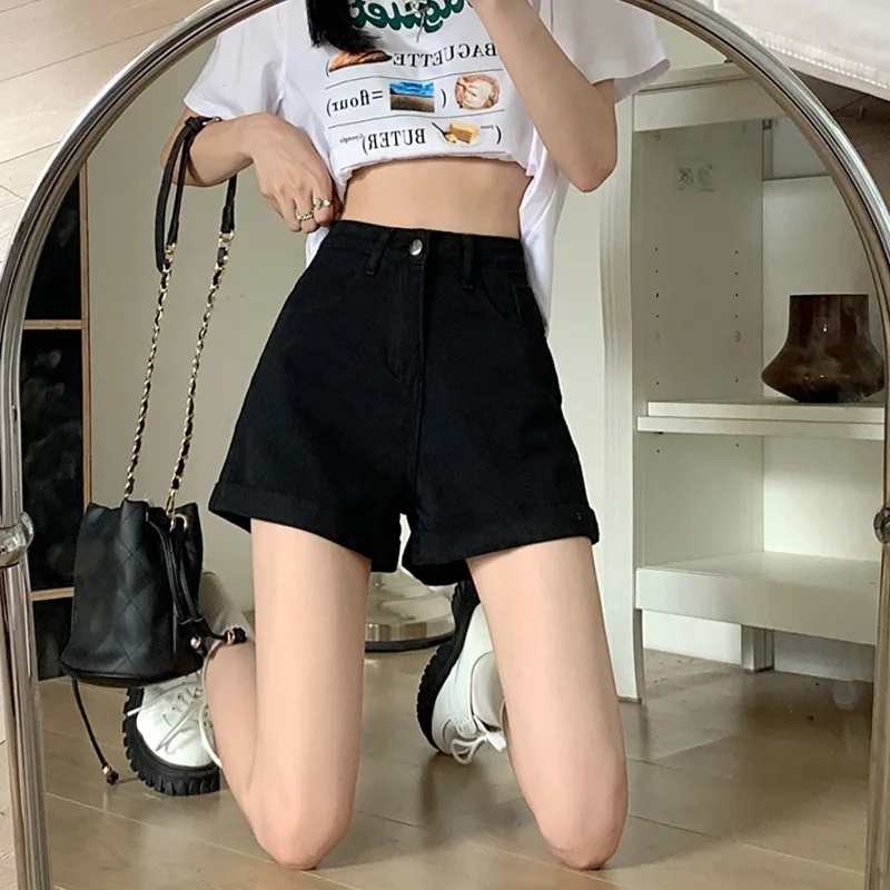 Summer Denim Shorts Women Korean Fashion Trend Rolled Edge High Waist Loose A-line Short Section Jeans Streetwear Y2k Shorts