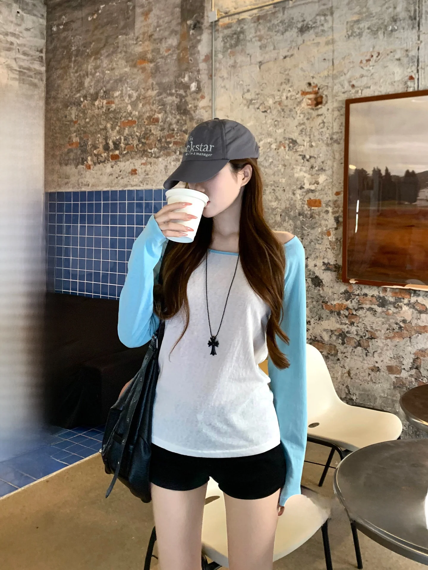 Blue Long Sleeve T-Shirt Women's Loose Korean Style Shoulder Bared Slimming Inner Wear Base Shirt Small Top by Song Zhengen