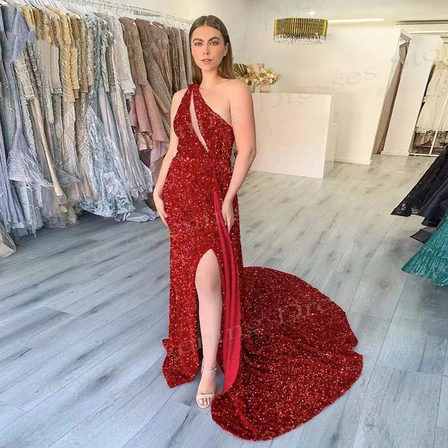 Vestidos De Noche exquisitos De sirena roja encantadores con lentejuelas brillantes, Vestidos De graduación sexys De un hombro, Vestidos De fiesta con abertura lateral