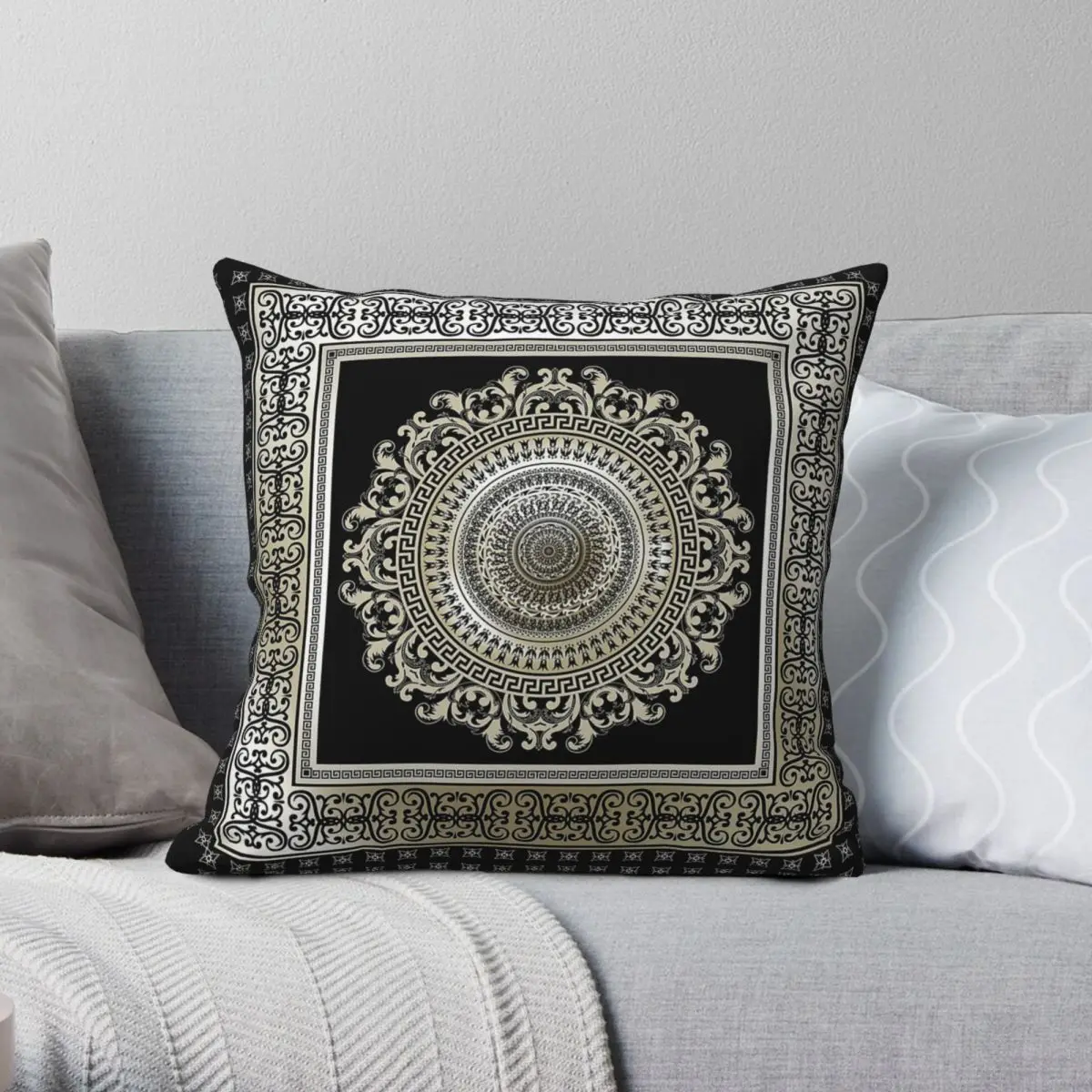 Khaki And Black Greek Key Square Pillowcase Polyester Linen Velvet Printed Zip Decor Home Cushion Cover