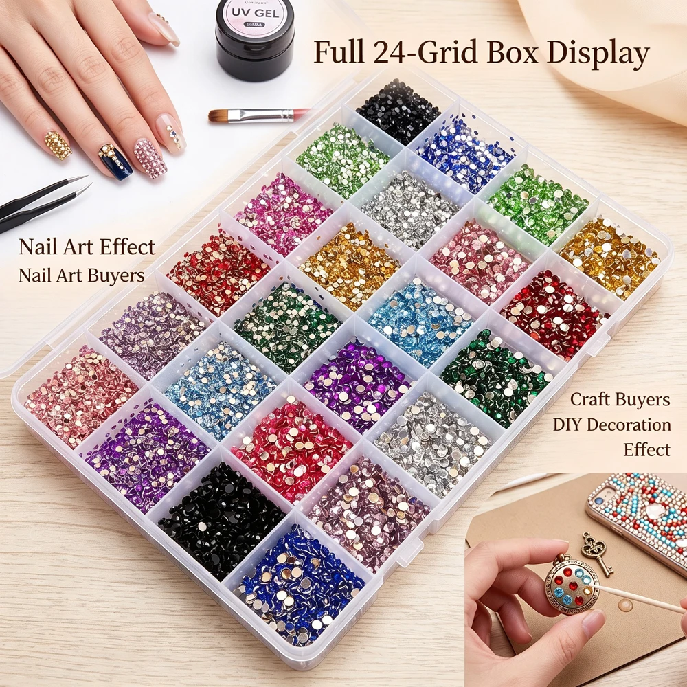24grid/box Multicolor Resin Rhinestone Kit Round Shiny Nail Diamond Flat-Back Appro.9000pcs Sparkling Manicure Diamond
