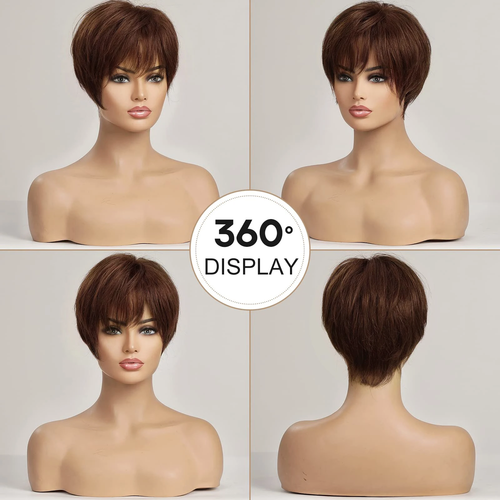 Short Pixie Cut Wig Human Hair Wigs with Fluffy Bang Glueless HD Lace Frontal Wig Remy Hair Dark Brown Straight Wigs for Women