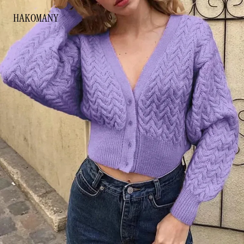 

Woman Long Sleeve Jumper Y2K Knitwear American Retro V Neck Twist Knitted Cropped Cardigan Single-breasted Buttons Sweater