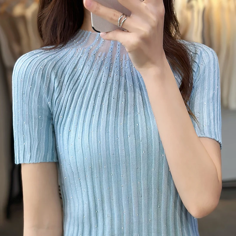 Spring And Summer New Women\'s Short Sleeve Half High Neck Wool Silk Material Embedding Diamond Fashion Thin Pullover Top