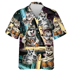 3D Print Dogs Music Pattern Beach Shirts Short Sleeve Funny Pet Dog Graphic Single Button For Men Lapel Blouse Tops