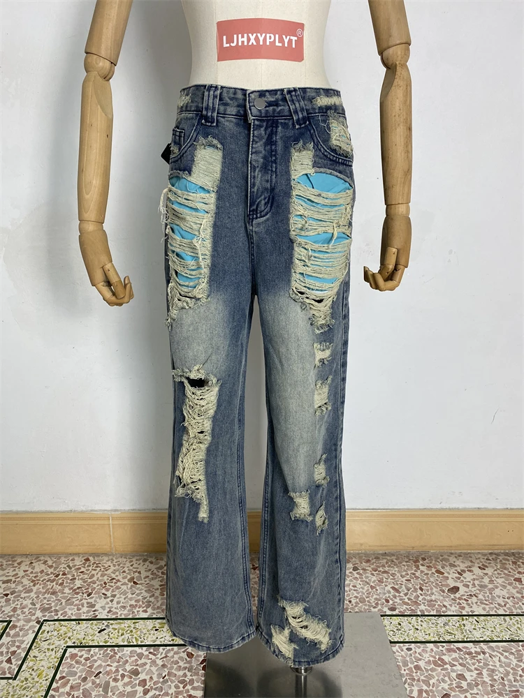 

Women's Multiple Hole Designs Distressed Jeans High Waist Wide Legs Trousers Cool Girl Casual Bottoms Female Summer Denim Pants