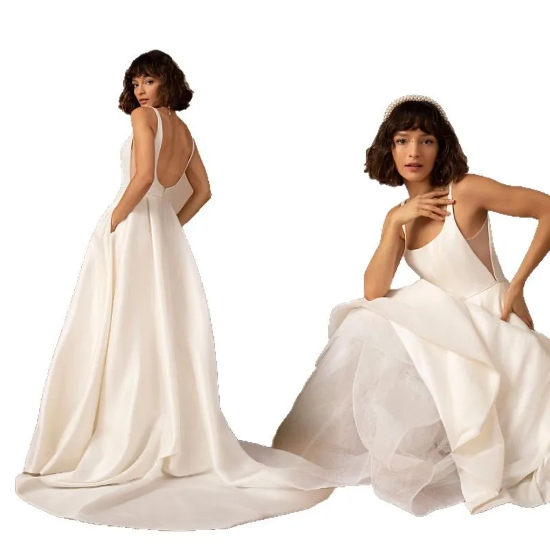 فستان زفاف من الساتان الفرنسي جديد فرنسي بسيط برقبة مربعة أنيق وكريمة على طراز هيبورن فستان استقبال للعروس في الهواء الطلق