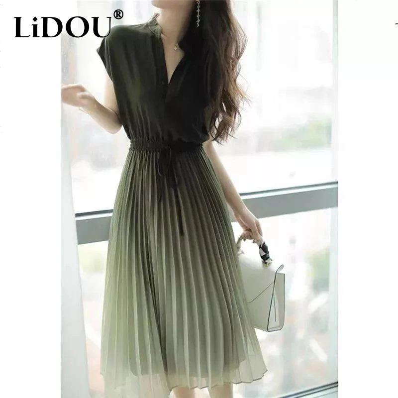 

Summer Elegant Fashion Solid Gradient Chic Dress Women Short Sleeve V Neck Aesthetic Vestidos De Fiesta Sweet Sexy Robe Femme