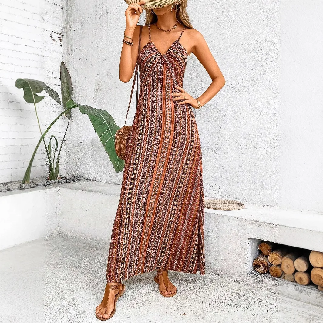 Abito stampato da donna in stile Boho alla moda Abito da canotta sexy con apertura sul retro 2025 Estate Nuovi abiti da spiaggia per le vacanze dimagranti Abiti da donna