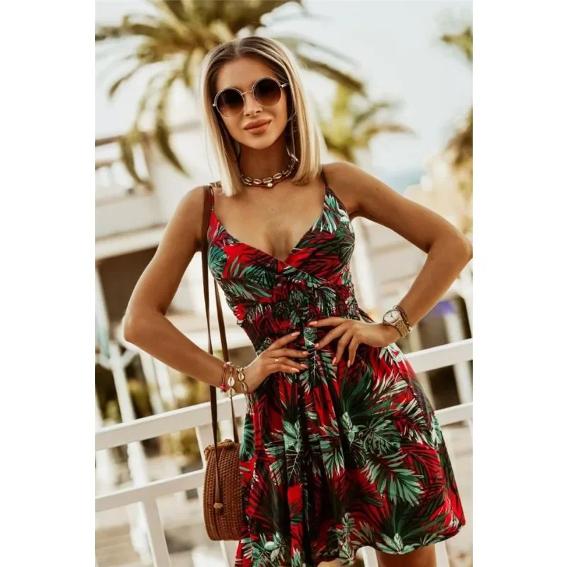 

Women's Summer V-neck Commuter Print Sling Waist A Line Sleeveless Sling High Waist Dress